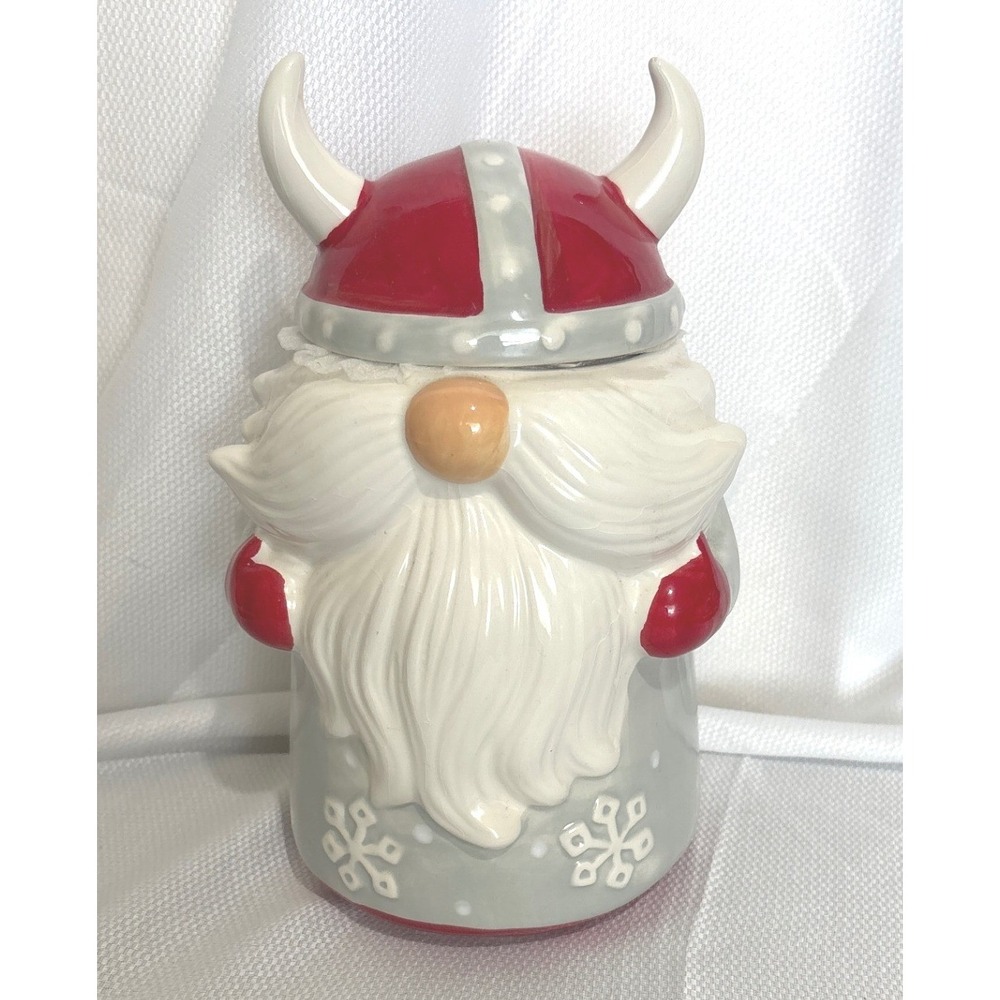 Sleigh Bell Bistro Viking Gnome Ceramic Cookie Jar Grey Red Snowflake Christmas‎